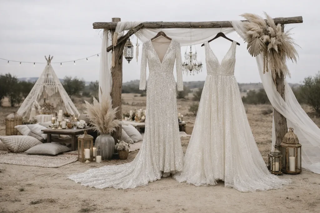 Illuminez votre mariage bohème avec des robes étincelantes